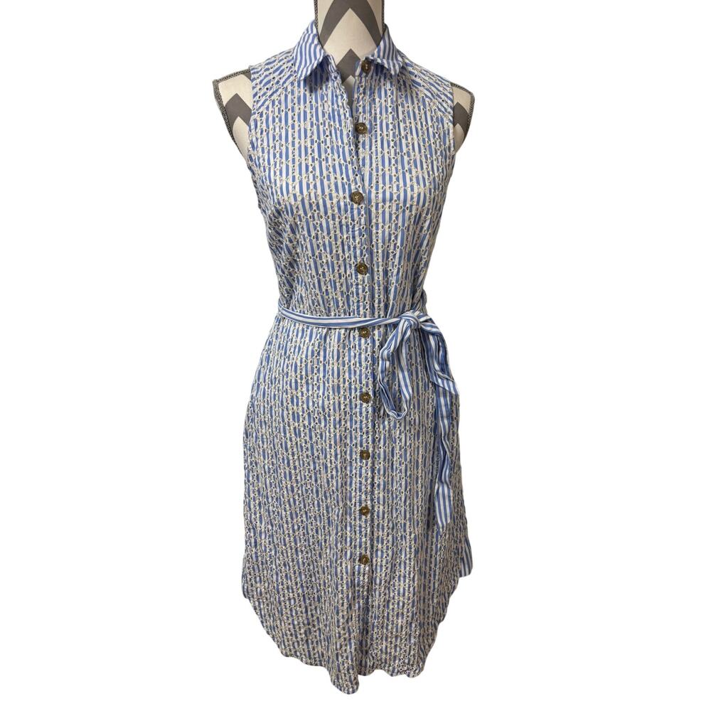 Court Rowe Blue White Stripe Eyelet Sleeveless Shirtdress Size 4 Tie Waist Midi